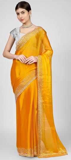 Reception, Traditional, Wedding Yellow color Saree in Silk fabric with Classic, South Cut Dana, Resham, Thread, Zircon work : 1907878