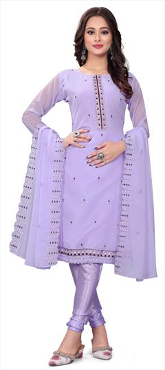 Festive, Party Wear Purple and Violet color Salwar Kameez in Georgette fabric with Churidar, Straight Embroidered, Sequence, Thread, Zari work : 1907885