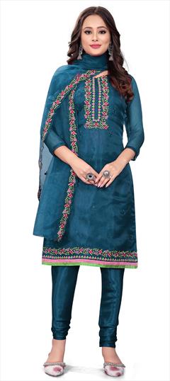 Festive, Party Wear Blue color Salwar Kameez in Organza Silk fabric with Churidar, Straight Sequence work : 1907914