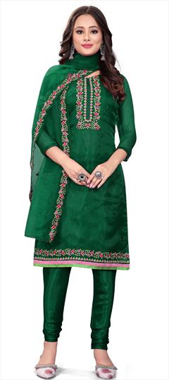 Festive, Party Wear Green color Salwar Kameez in Organza Silk fabric with Churidar, Straight Sequence work : 1907915