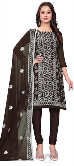 Festive, Party Wear Beige and Brown color Salwar Kameez in Georgette fabric with Churidar, Straight Embroidered, Resham, Thread work : 1907930