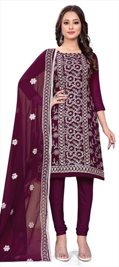 Festive, Party Wear Purple and Violet color Salwar Kameez in Georgette fabric with Churidar, Straight Embroidered, Resham, Thread work : 1907931