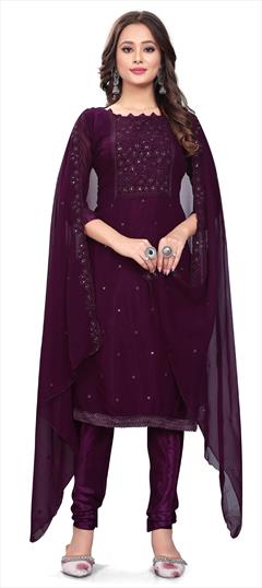 Festive, Party Wear Pink and Majenta color Salwar Kameez in Georgette fabric with Churidar, Straight Resham, Sequence, Thread work : 1907939
