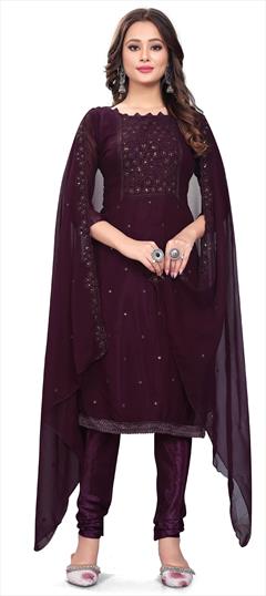 Festive, Party Wear Purple and Violet color Salwar Kameez in Georgette fabric with Churidar, Straight Resham, Sequence, Thread work : 1907943
