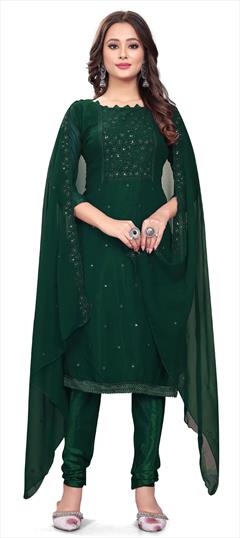 Festive, Party Wear Green color Salwar Kameez in Georgette fabric with Churidar, Straight Resham, Sequence, Thread work : 1907946
