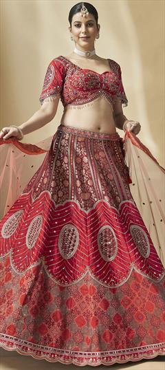 Designer, Festive, Party Wear Red and Maroon color Ready to Wear Lehenga in Silk fabric with Flared Embroidered, Resham, Sequence, Thread work : 1908023