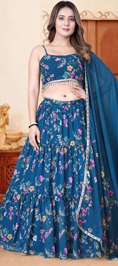 Festive, Party Wear, Reception Blue color Lehenga in Georgette fabric with Flared Digital Print, Floral work : 1908175