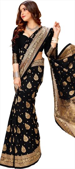 Party Wear, Traditional Black and Grey color Saree in Art Silk fabric with South Weaving work : 1908193