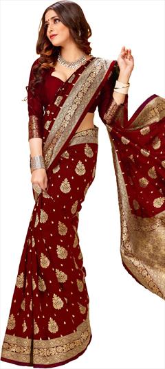 Party Wear, Traditional Red and Maroon color Saree in Art Silk fabric with South Weaving work : 1908195