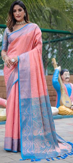 Party Wear, Traditional Pink and Majenta color Saree in Kanjeevaram Silk, Silk fabric with South Weaving, Zari work : 1908228