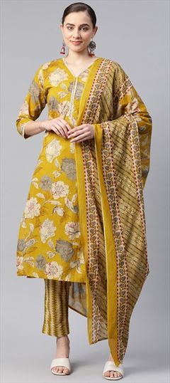 Festive, Summer Yellow color Salwar Kameez in Cotton fabric with Straight Floral, Lace, Printed work : 1908300