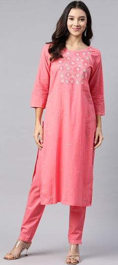 Festive, Summer Pink and Majenta color Salwar Kameez in Cotton fabric with Straight Embroidered, Resham, Thread work : 1908352