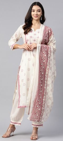 Festive, Summer White and Off White color Salwar Kameez in Cotton fabric with Straight Embroidered, Gota Patti, Printed, Resham, Thread work : 1908359