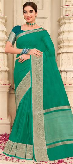 Party Wear, Traditional Green color Saree in Organza Silk, Silk fabric with South Weaving work : 1908588