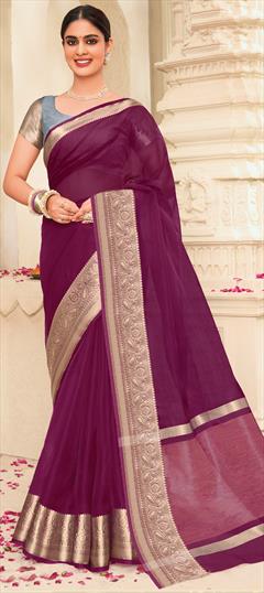 Party Wear, Traditional Purple and Violet color Saree in Organza Silk, Silk fabric with South Weaving work : 1908595