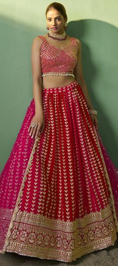Mehendi Sangeet, Reception, Wedding Red and Maroon color Lehenga in Georgette fabric with Flared Embroidered, Sequence, Thread work : 1908604