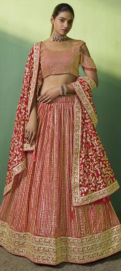 Mehendi Sangeet, Reception, Wedding Red and Maroon color Lehenga in Georgette fabric with Flared Embroidered, Sequence, Thread work : 1908607