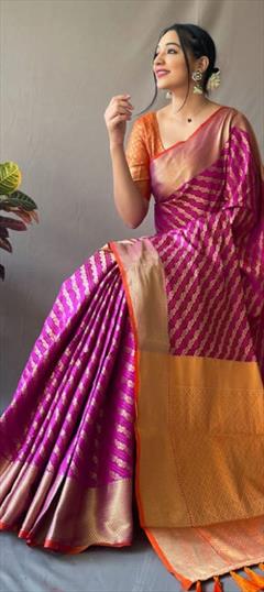 Party Wear, Traditional Pink and Majenta color Saree in Patola Silk, Silk fabric with South Weaving work : 1908617