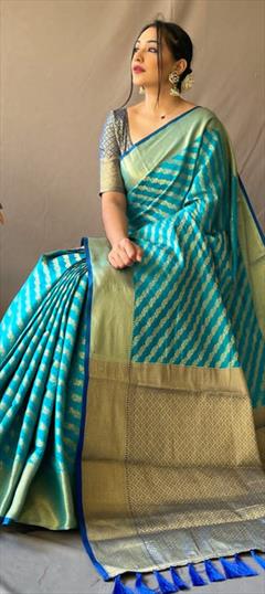 Party Wear, Traditional Blue color Saree in Patola Silk, Silk fabric with South Weaving work : 1908619