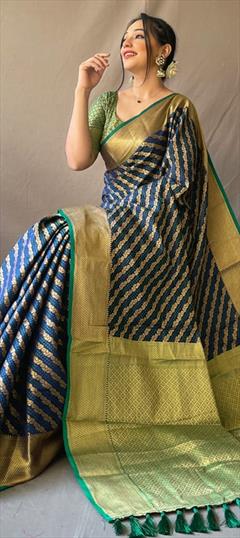 Party Wear, Traditional Blue color Saree in Patola Silk, Silk fabric with South Weaving work : 1908621