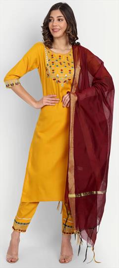 Festive, Party Wear Yellow color Salwar Kameez in Blended Cotton fabric with Straight Embroidered, Resham, Thread work : 1908697