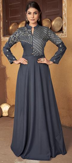 Festive, Reception, Wedding Black and Grey color Gown in Muslin fabric with Embroidered, Resham, Stone, Thread, Zari work : 1908730