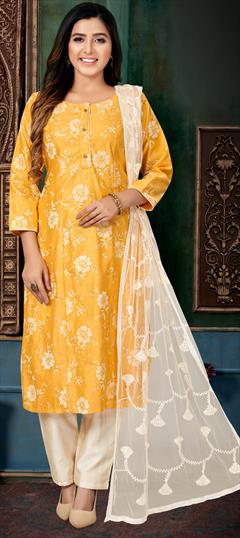 Festive, Reception Yellow color Salwar Kameez in Chanderi Silk fabric with Straight Weaving work : 1908733