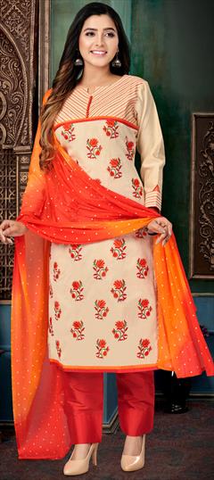 Festive, Reception Beige and Brown color Salwar Kameez in Chanderi Silk fabric with Straight Embroidered, Resham, Thread work : 1908735
