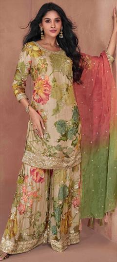 Designer, Festive, Reception Beige and Brown color Salwar Kameez in Georgette fabric with Palazzo, Straight Embroidered, Printed, Sequence work : 1908757