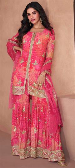 Designer, Festive, Reception Pink and Majenta color Salwar Kameez in Georgette fabric with Sharara Embroidered, Printed, Sequence work : 1908758