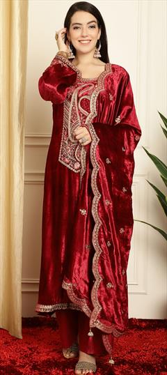 Festive, Reception, Wedding Red and Maroon color Salwar Kameez in Velvet fabric with Pakistani, Straight Embroidered, Resham, Sequence, Thread work : 1908764