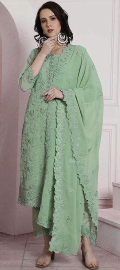 Festive, Reception, Wedding Green color Salwar Kameez in Georgette fabric with Pakistani, Straight Embroidered, Resham, Thread work : 1908765