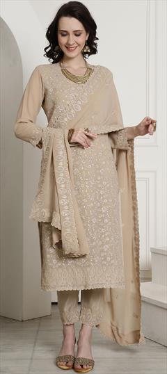 Festive, Reception, Wedding Beige and Brown color Salwar Kameez in Georgette fabric with Pakistani, Straight Embroidered, Resham, Thread work : 1908767