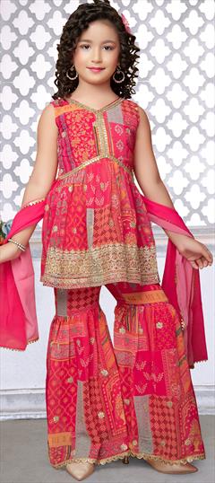 Festive, Reception, Wedding Pink and Majenta color Kids Salwar in Faux Georgette fabric with Lace, Thread, Zari work : 1908770