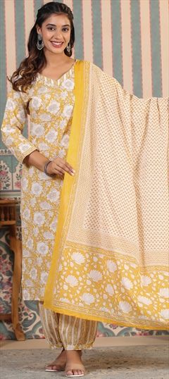 Party Wear, Summer White and Off White, Yellow color Salwar Kameez in Cotton fabric with Patiala, Straight Printed work : 1908807