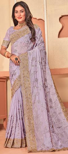 Festive, Traditional, Wedding Purple and Violet color Saree in Crepe Silk, Silk fabric with South Embroidered, Resham, Stone, Thread, Zari work : 1908984