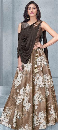 Engagement, Wedding Beige and Brown color Long Lehenga Choli in Taffeta Silk fabric with Floral, Printed, Sequence, Stone, Zardozi work : 1909001