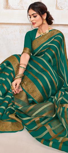 Festive, Party Wear Green color Saree in Organza Silk fabric with Classic, South Border, Weaving, Zari work : 1909036