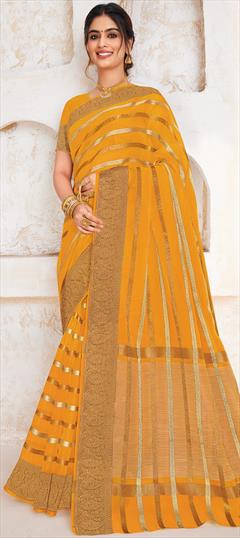 Festive, Party Wear Yellow color Saree in Organza Silk fabric with Classic, South Border, Weaving, Zari work : 1909038