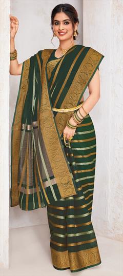 Festive, Party Wear Green color Saree in Organza Silk fabric with Classic, South Border, Weaving, Zari work : 1909044