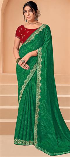 Festive, Reception Green color Saree in Chiffon fabric with Classic, Rajasthani Bandhej, Embroidered, Printed, Sequence, Thread work : 1909088