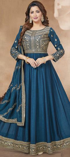 Party Wear, Reception Blue color Gown in Silk fabric with Embroidered, Sequence, Thread, Zari work : 1909116