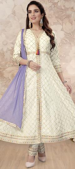 Festive, Party Wear, Reception White and Off White color Salwar Kameez in Silk fabric with Anarkali Embroidered, Sequence, Thread, Zari work : 1909118