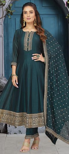 Festive, Party Wear, Reception Blue color Salwar Kameez in Silk fabric with Anarkali Embroidered, Sequence, Thread, Zari work : 1909122