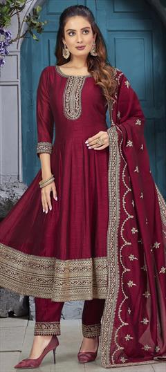 Festive, Party Wear, Reception Red and Maroon color Salwar Kameez in Silk fabric with Anarkali Embroidered, Sequence, Thread, Zari work : 1909123