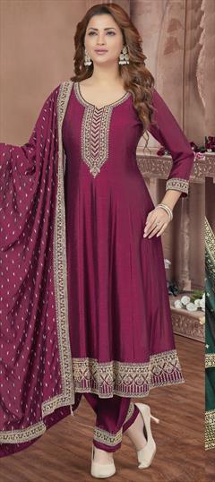Festive, Party Wear, Reception Pink and Majenta color Salwar Kameez in Silk fabric with Anarkali Embroidered, Sequence, Thread, Zari work : 1909128