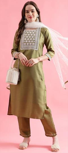 Party Wear Green color Salwar Kameez in Blended fabric with Straight Embroidered, Sequence, Thread work : 1909186