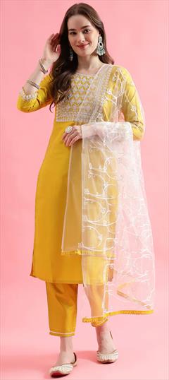 Party Wear Yellow color Salwar Kameez in Blended fabric with Straight Embroidered, Sequence, Thread work : 1909193