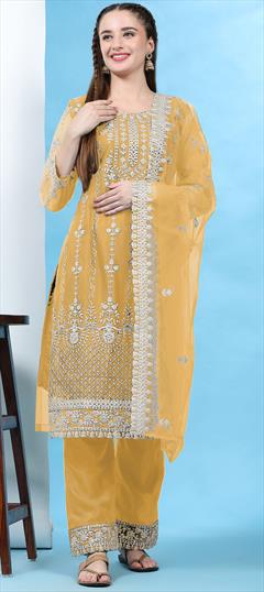 Festive, Party Wear Yellow color Salwar Kameez in Net fabric with Pakistani, Straight Embroidered, Sequence, Thread work : 1909212