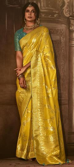 Festive, Reception, Wedding Yellow color Saree in Dolla Silk, Silk fabric with South Printed, Weaving, Zari work : 1909231